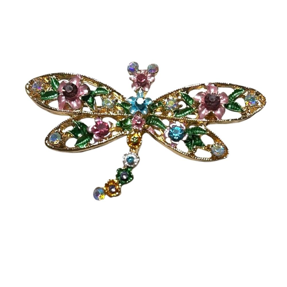 Pink & Green Gold Filigree Dragonfly Colorful Rhinestone Brooch Pin